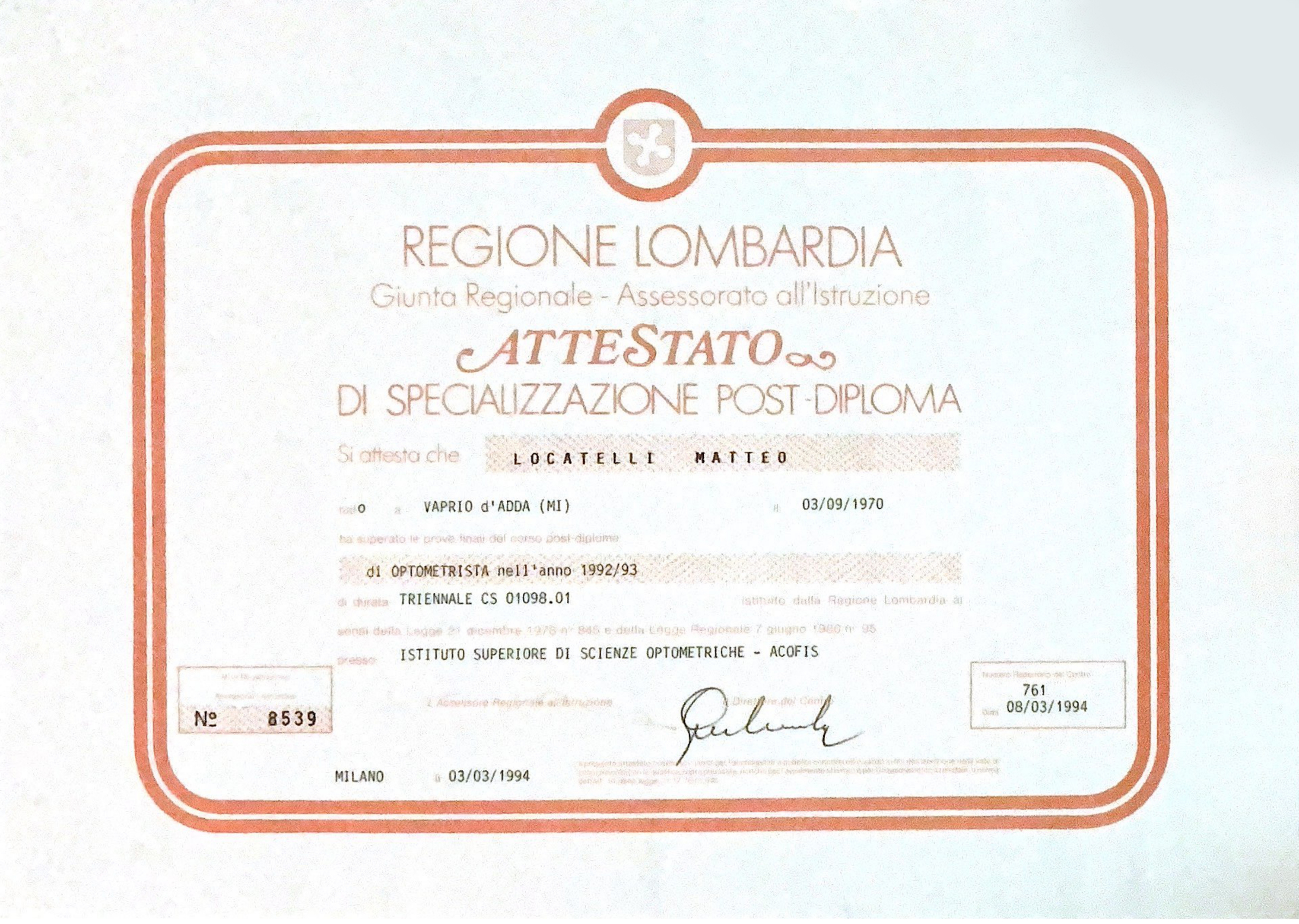 Attestato Optometrista Matteo